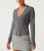 V Neck Long Sleeve Slim Work Cardigans — Grey — view 5
