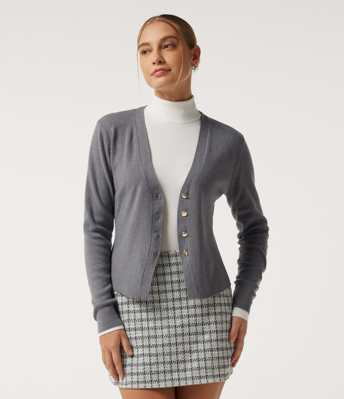 V Neck Long Sleeve Slim Work Cardigans — Grey — view 4