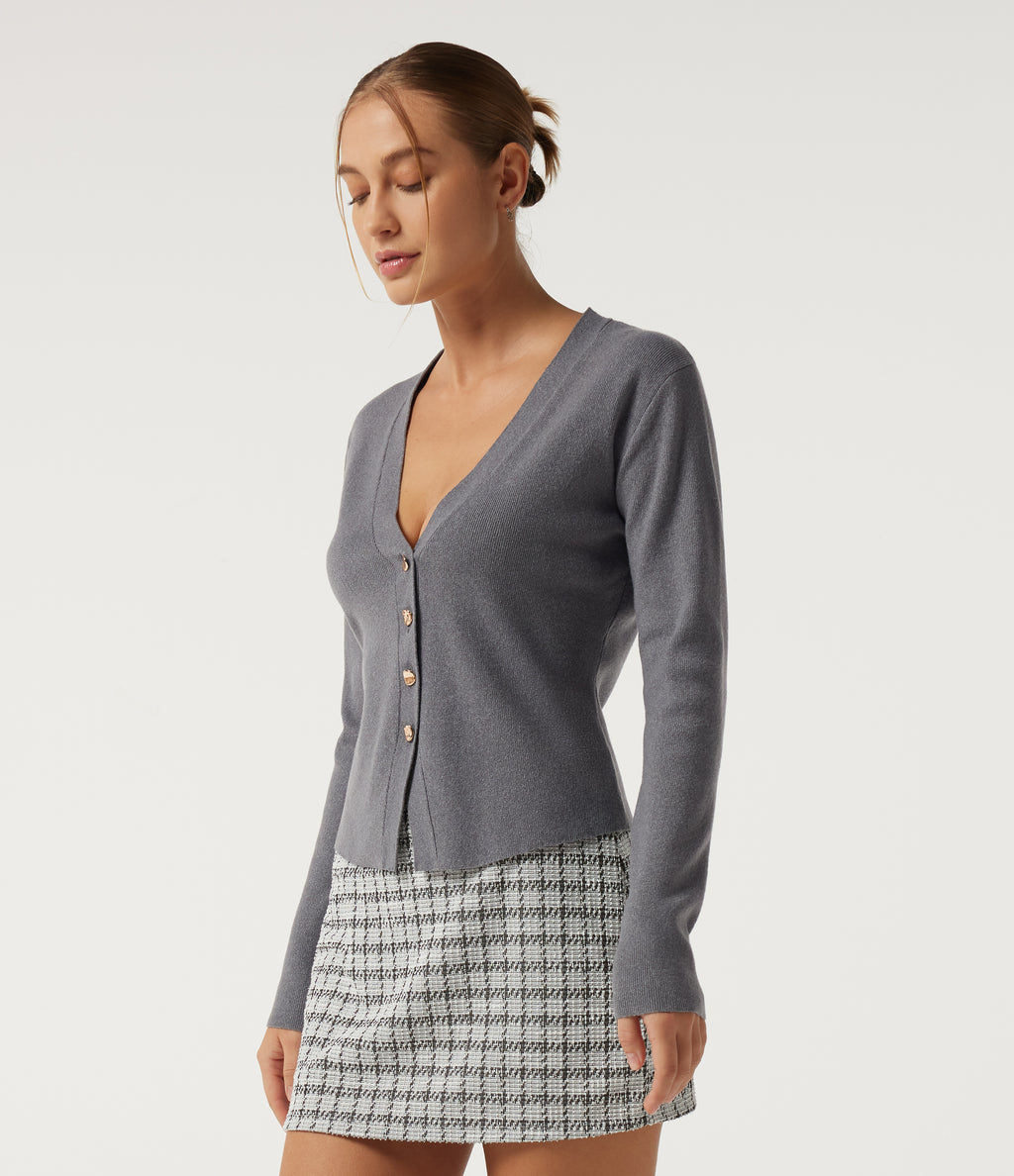 V Neck Long Sleeve Slim Work Cardigans — Grey — view 3