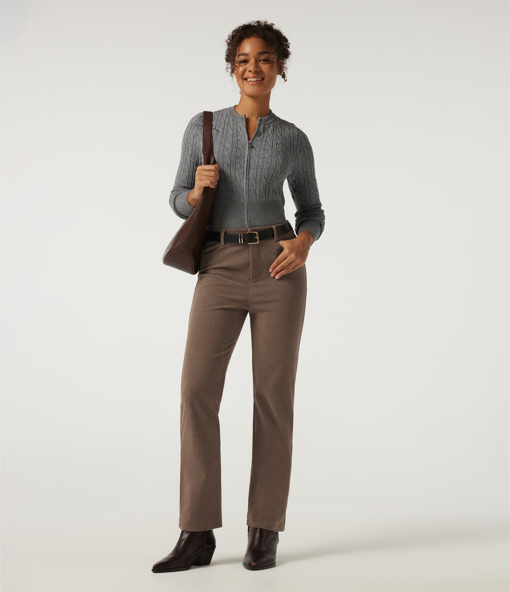 High Waisted Straight Leg Work Corduroy Trousers with Pockets — Burnt Caramel — view 6