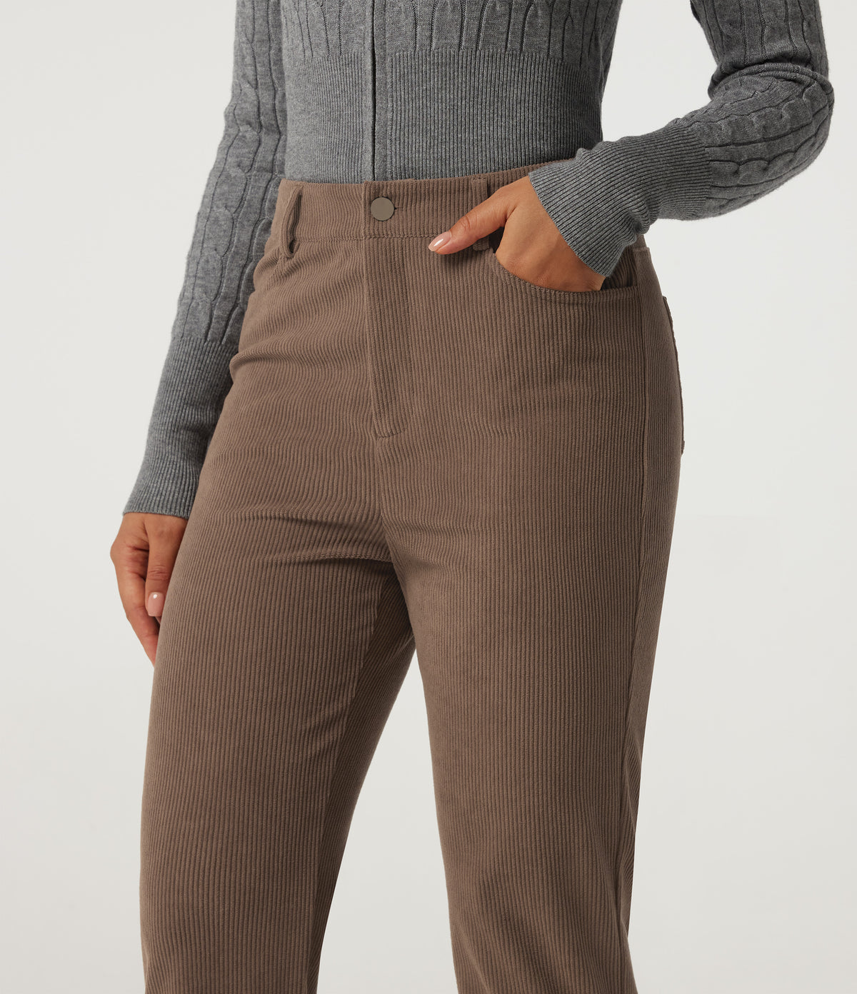 High Waisted Straight Leg Work Corduroy Trousers with Pockets — Burnt Caramel — view 4