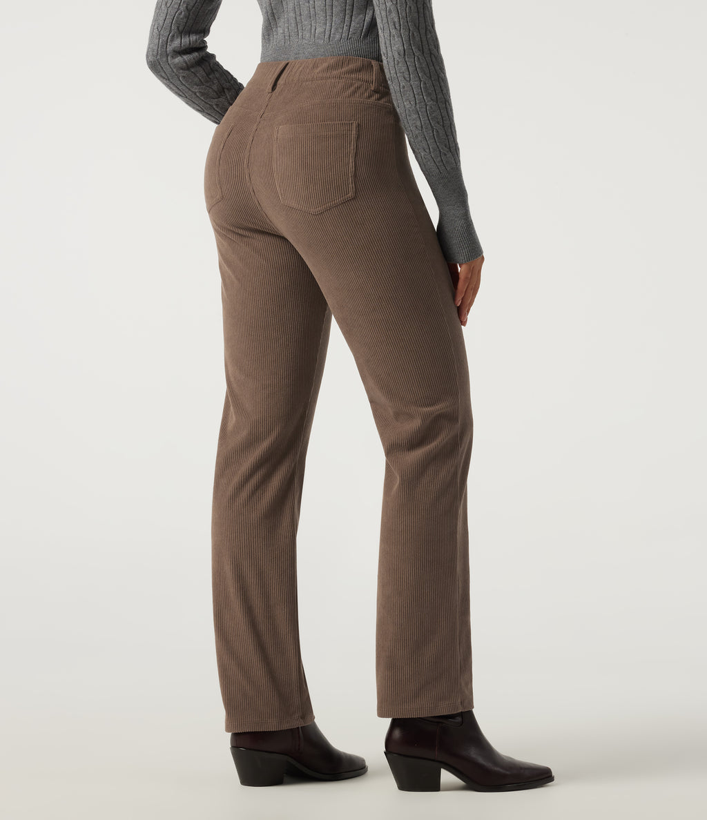 High Waisted Straight Leg Work Corduroy Trousers with Pockets — Burnt Caramel — view 2