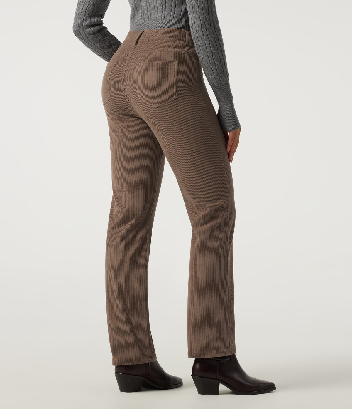 High Waisted Straight Leg Work Corduroy Trousers with Pockets — Burnt Caramel — view 2
