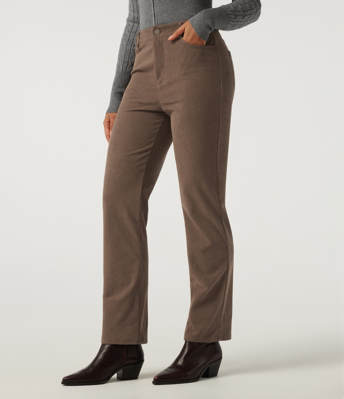 High Waisted Straight Leg Work Corduroy Trousers with Pockets — Burnt Caramel — view 3