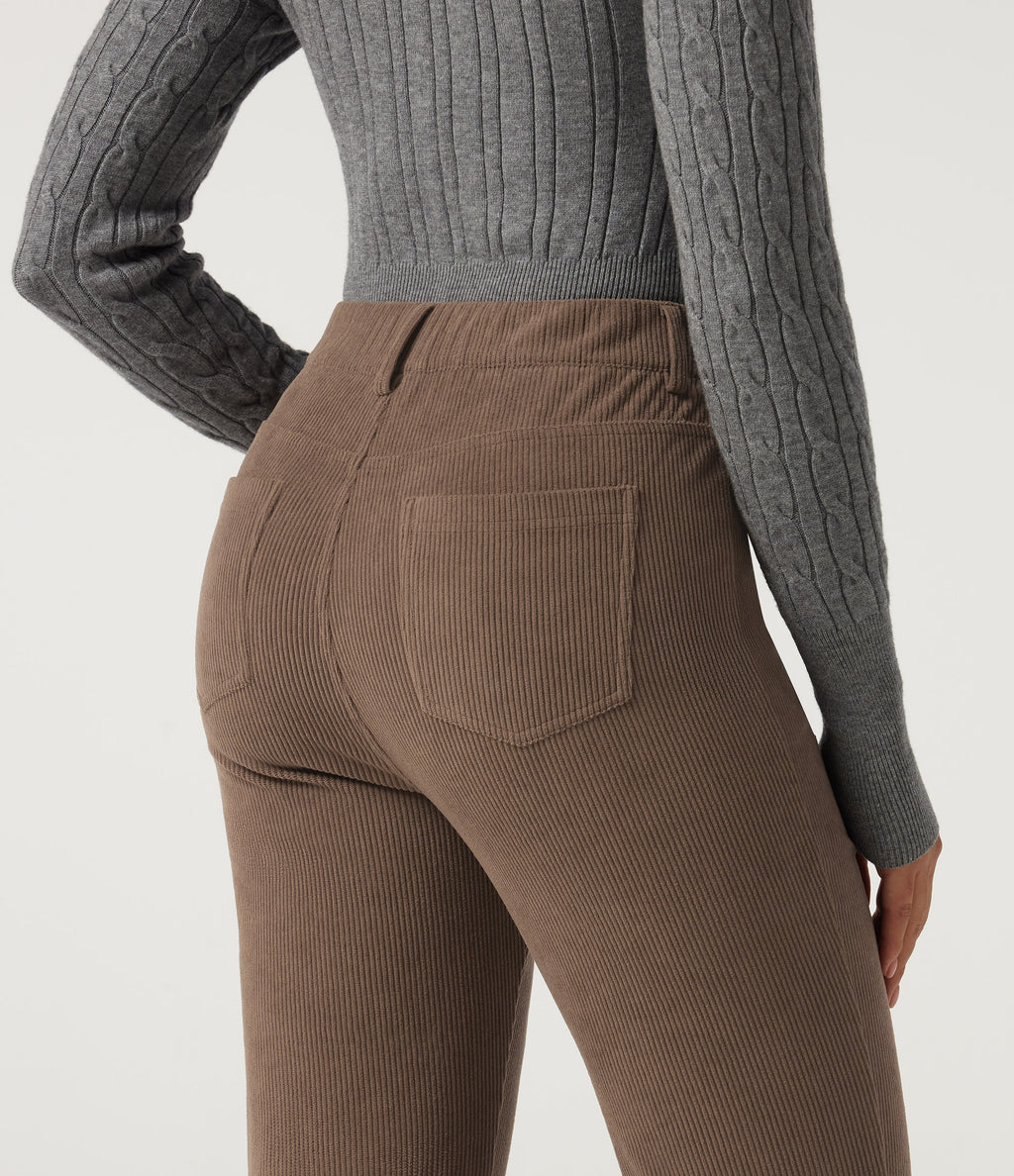 High Waisted Straight Leg Work Corduroy Trousers with Pockets — Burnt Caramel — view 5