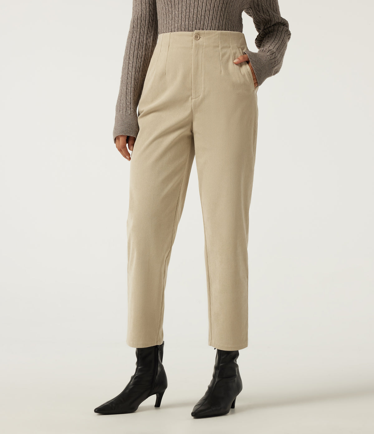 High Waisted Tapered Casual Corduroy Trousers with Pockets — Brown Rice — view 1