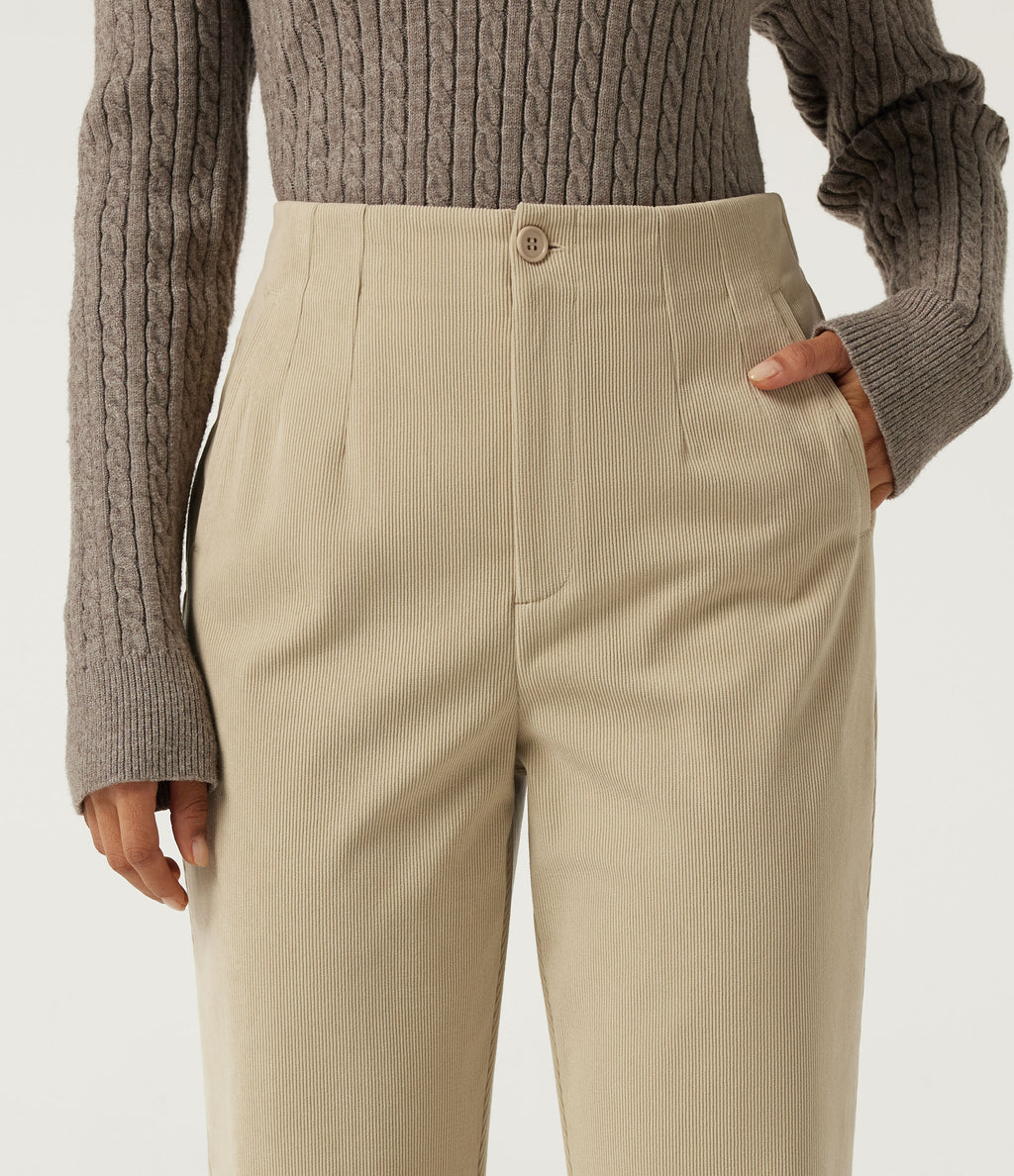 High Waisted Tapered Casual Corduroy Trousers with Pockets — Brown Rice — view 4