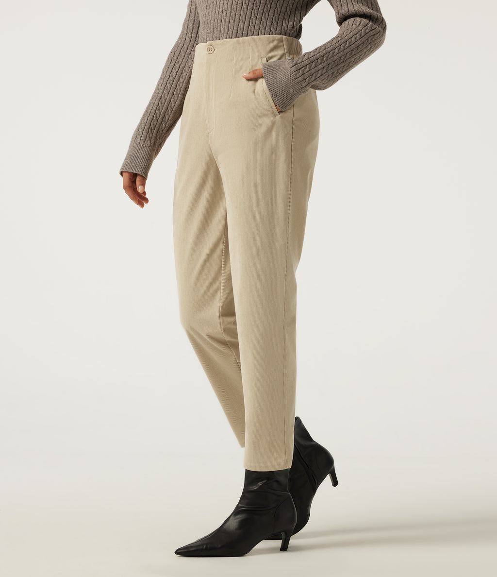 High Waisted Tapered Casual Corduroy Trousers with Pockets — Brown Rice — view 3