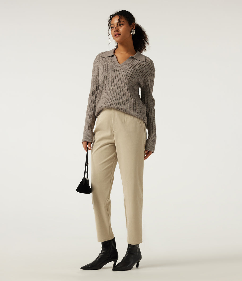 High Waisted Tapered Casual Corduroy Trousers with Pockets — Brown Rice — view 6