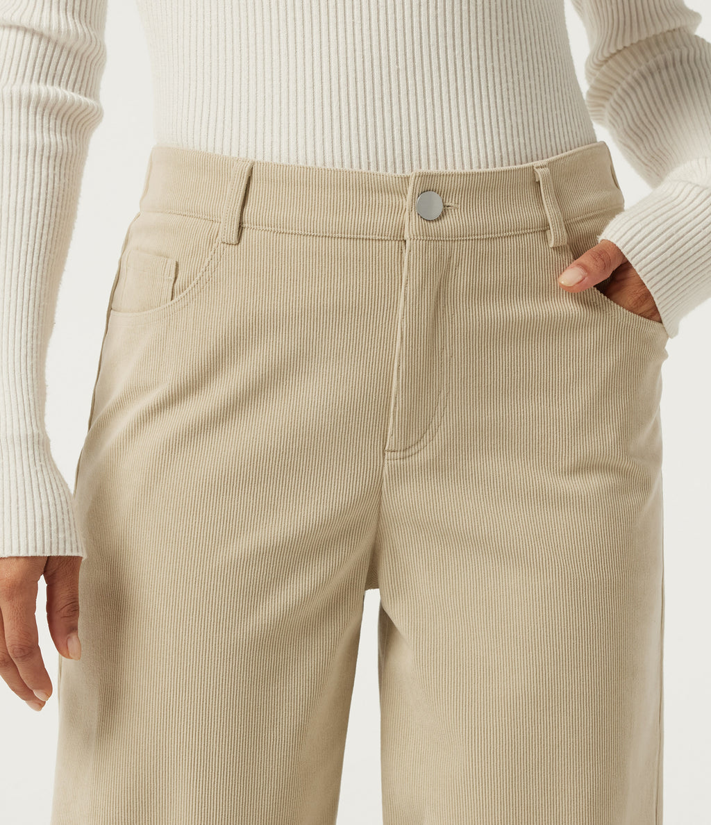 Mid Rise Straight Leg Casual Corduroy Trousers with Pockets — Brown Rice — view 4