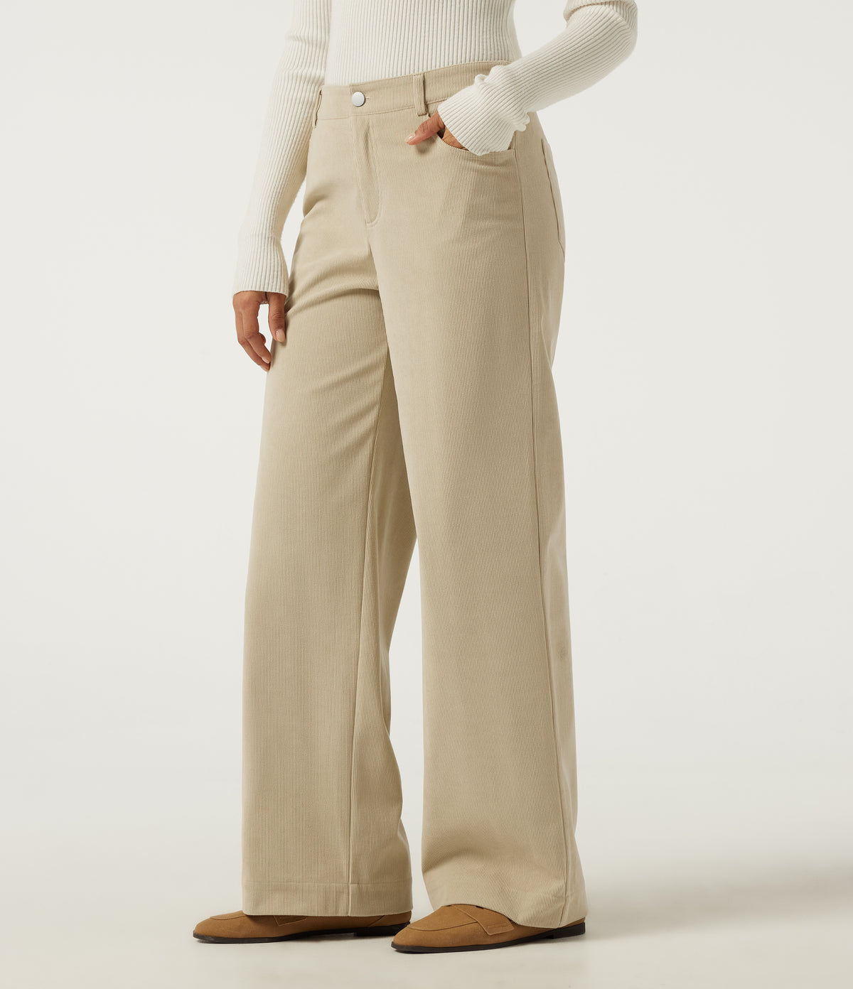 Mid Rise Straight Leg Casual Corduroy Trousers with Pockets — Brown Rice — view 3