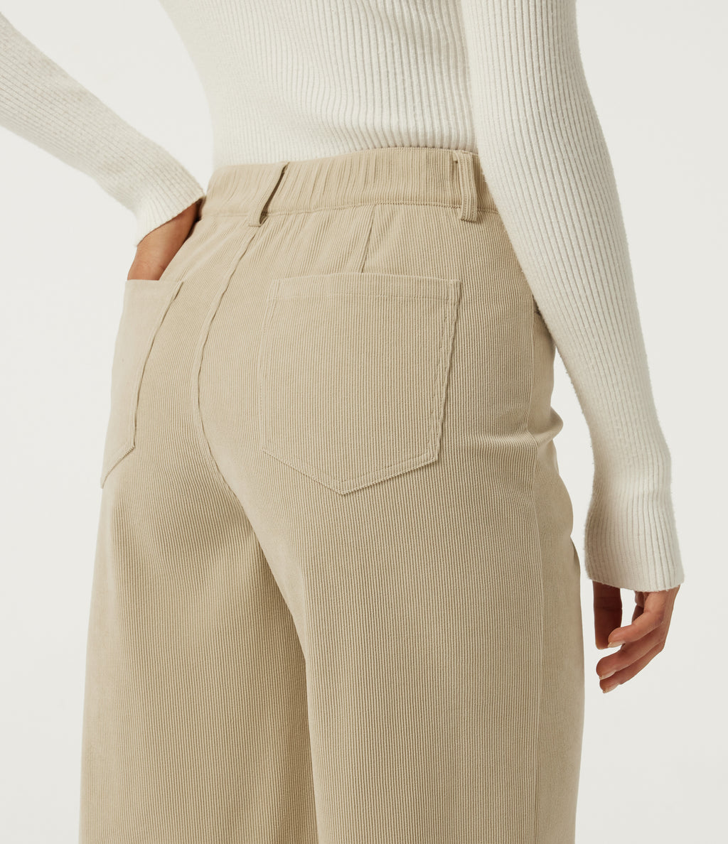 Mid Rise Straight Leg Casual Corduroy Trousers with Pockets — Brown Rice — view 5