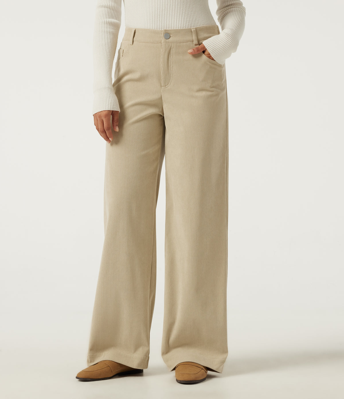 Mid Rise Straight Leg Casual Corduroy Trousers with Pockets — Brown Rice — view 1
