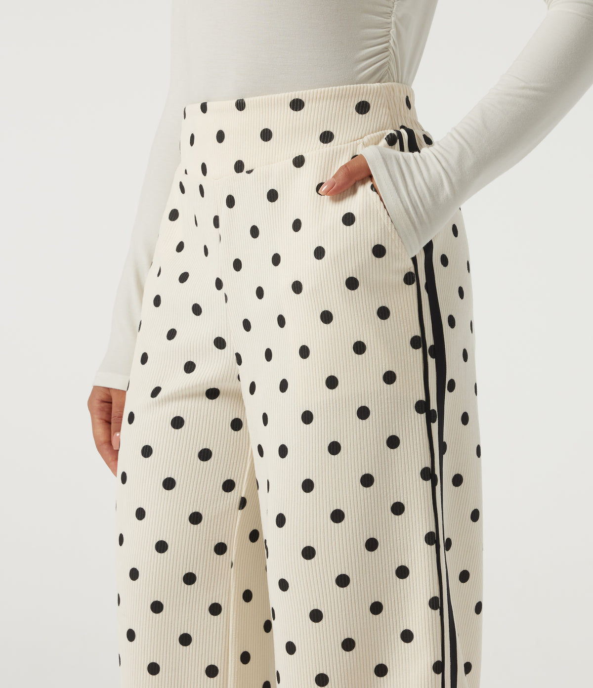High Waisted Polka Dot Side Stripe Corduroy Casual Wide Leg Trousers with Pockets — Prelude Dot — view 4