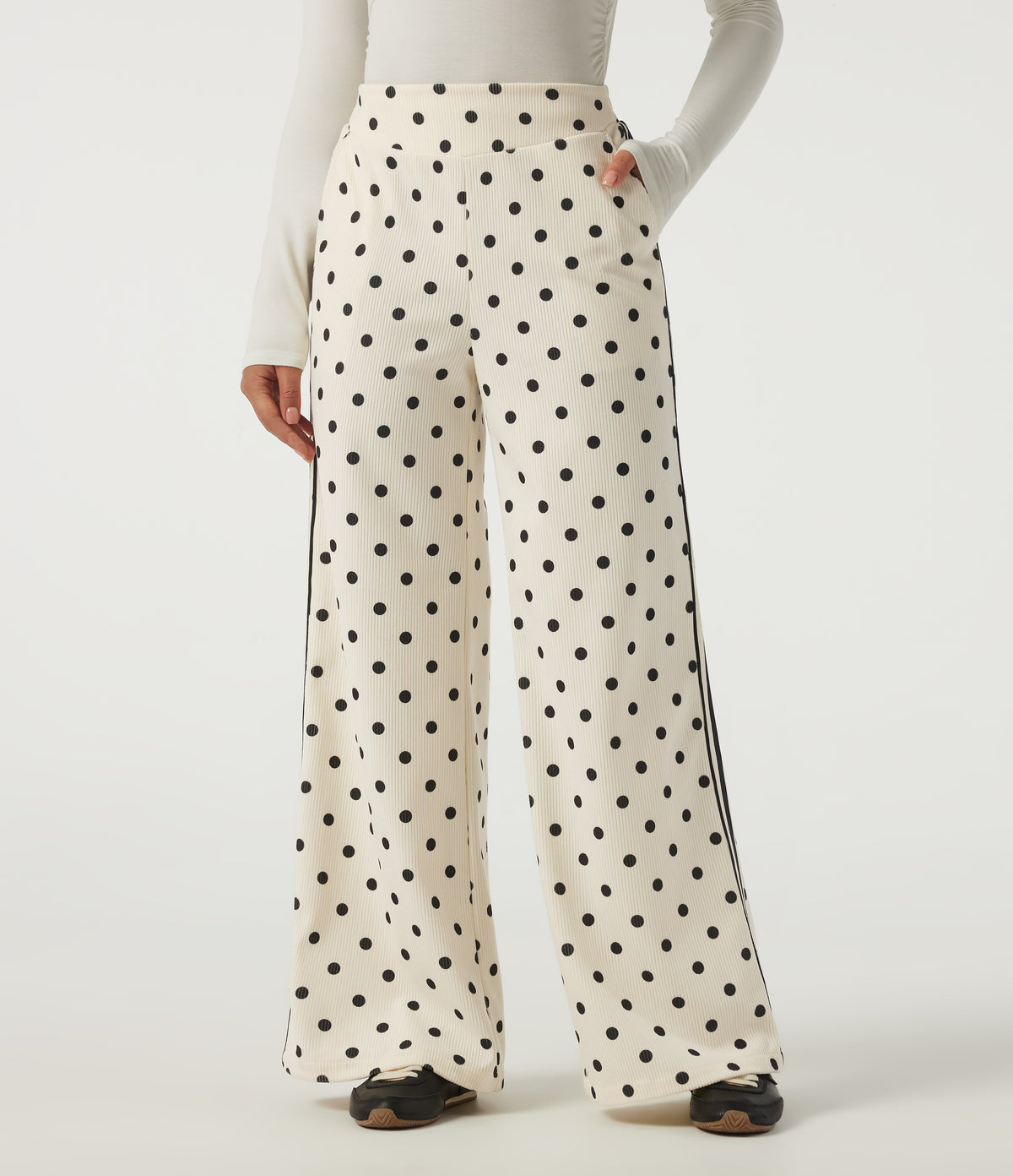 High Waisted Polka Dot Side Stripe Corduroy Casual Wide Leg Trousers with Pockets — Prelude Dot — view 3