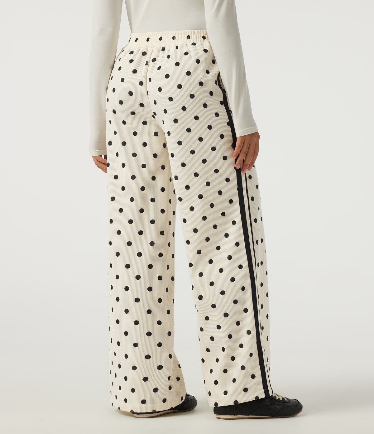 High Waisted Polka Dot Side Stripe Corduroy Casual Wide Leg Trousers with Pockets — Prelude Dot — view 2