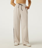 High Waisted Drawstring Straight Leg Side Stripe Leopard Print Waffle Casual Trousers with Pockets — Oat Milk — view 3
