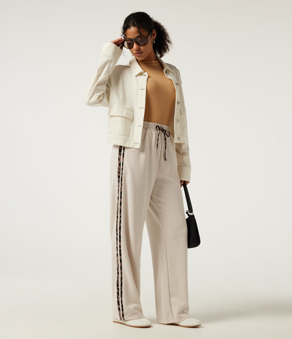 High Waisted Drawstring Straight Leg Side Stripe Leopard Print Waffle Casual Trousers with Pockets — Oat Milk — view 7