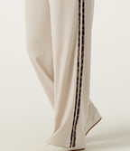 High Waisted Drawstring Straight Leg Side Stripe Leopard Print Waffle Casual Trousers with Pockets — Oat Milk — view 5