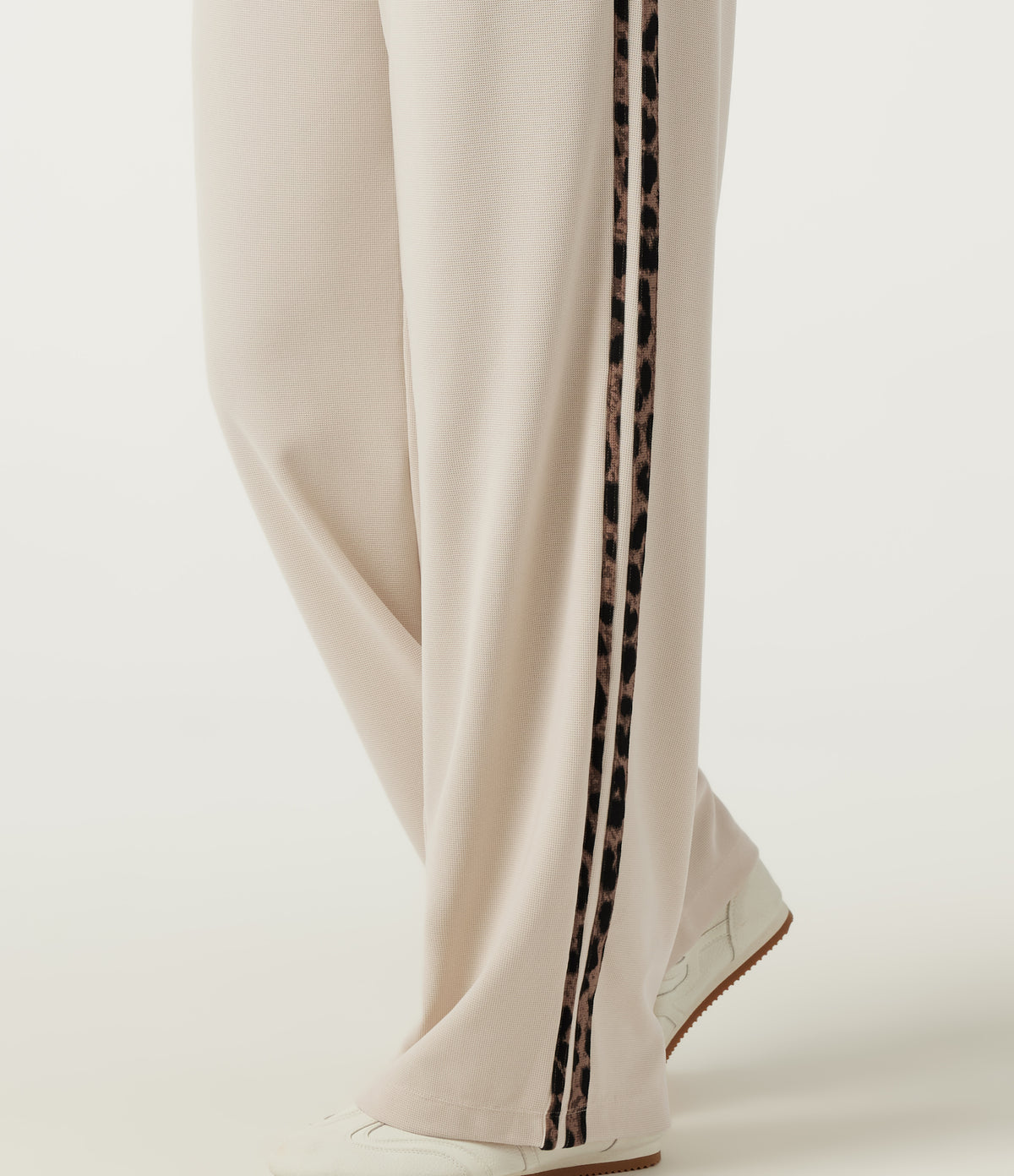 High Waisted Drawstring Straight Leg Side Stripe Leopard Print Waffle Casual Trousers with Pockets — Oat Milk — view 5