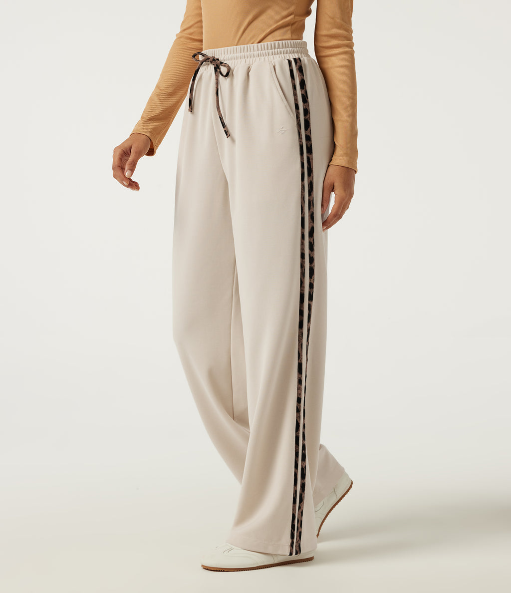 High Waisted Drawstring Straight Leg Side Stripe Leopard Print Waffle Casual Trousers with Pockets — Oat Milk — view 1