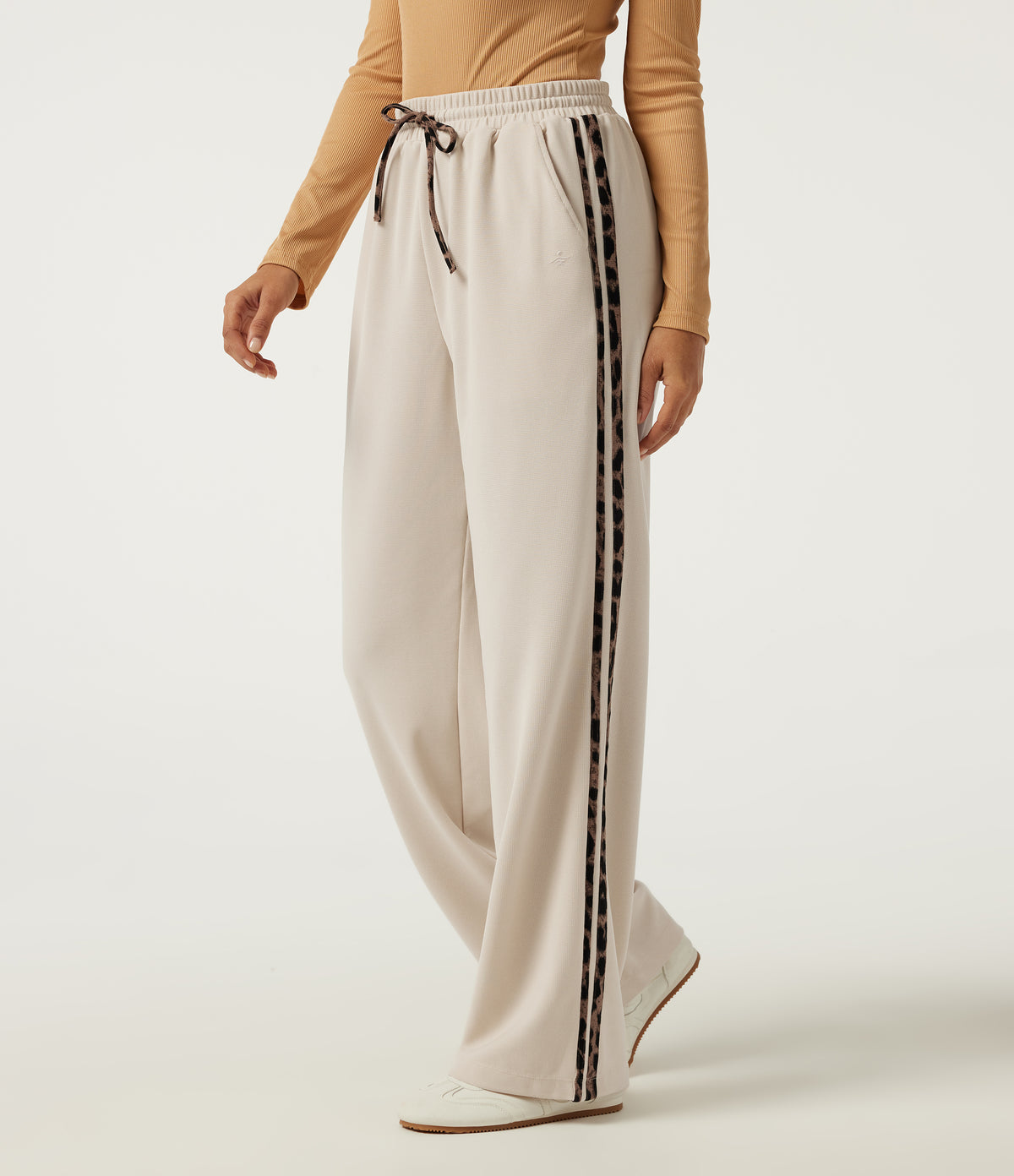 High Waisted Drawstring Straight Leg Side Stripe Leopard Print Waffle Casual Trousers with Pockets — Oat Milk — view 1