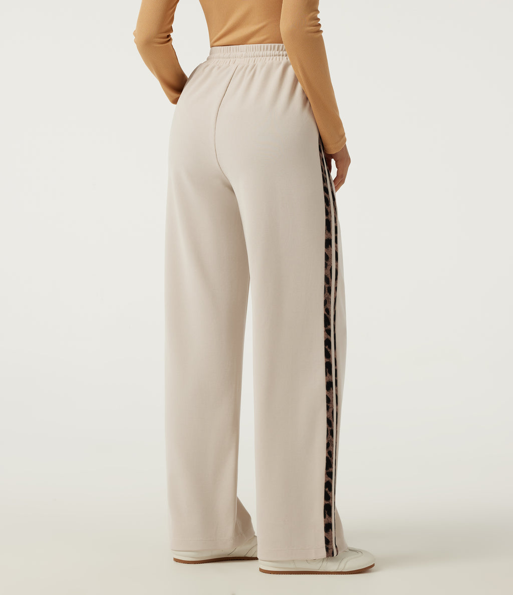 High Waisted Drawstring Straight Leg Side Stripe Leopard Print Waffle Casual Trousers with Pockets — Oat Milk — view 2