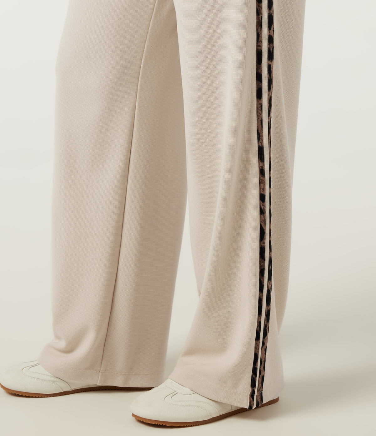High Waisted Drawstring Straight Leg Side Stripe Leopard Print Waffle Casual Trousers with Pockets — Oat Milk — view 6