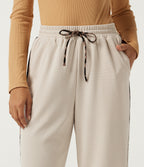 High Waisted Drawstring Straight Leg Side Stripe Leopard Print Waffle Casual Trousers with Pockets — Oat Milk — view 4