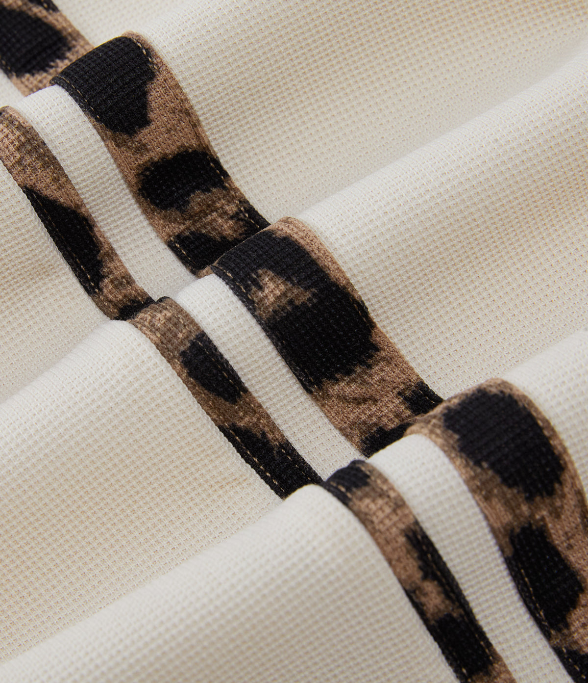 High Waisted Drawstring Straight Leg Side Stripe Leopard Print Waffle Casual Trousers with Pockets — Oat Milk — view 8