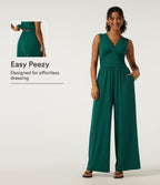 Deep V Neck Sleeveless Slim Contrast Lace Party Wide Leg Jumpsuits with Built-in Bra and Pockets - Edition — Rain Forest — view 1