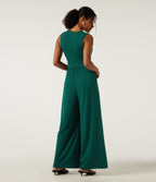 Deep V Neck Sleeveless Slim Contrast Lace Party Wide Leg Jumpsuits with Built-in Bra and Pockets - Edition — Rain Forest — view 2