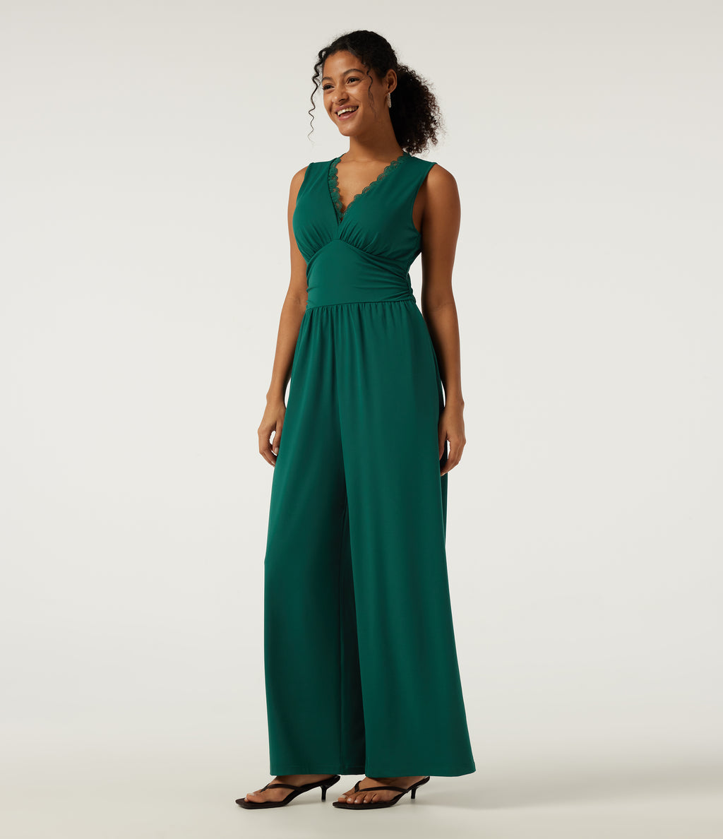 Deep V Neck Sleeveless Slim Contrast Lace Party Wide Leg Jumpsuits with Built-in Bra and Pockets - Edition — Rain Forest — view 3