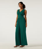 Deep V Neck Sleeveless Slim Contrast Lace Party Wide Leg Jumpsuits with Built-in Bra and Pockets - Edition — Rain Forest — view 3