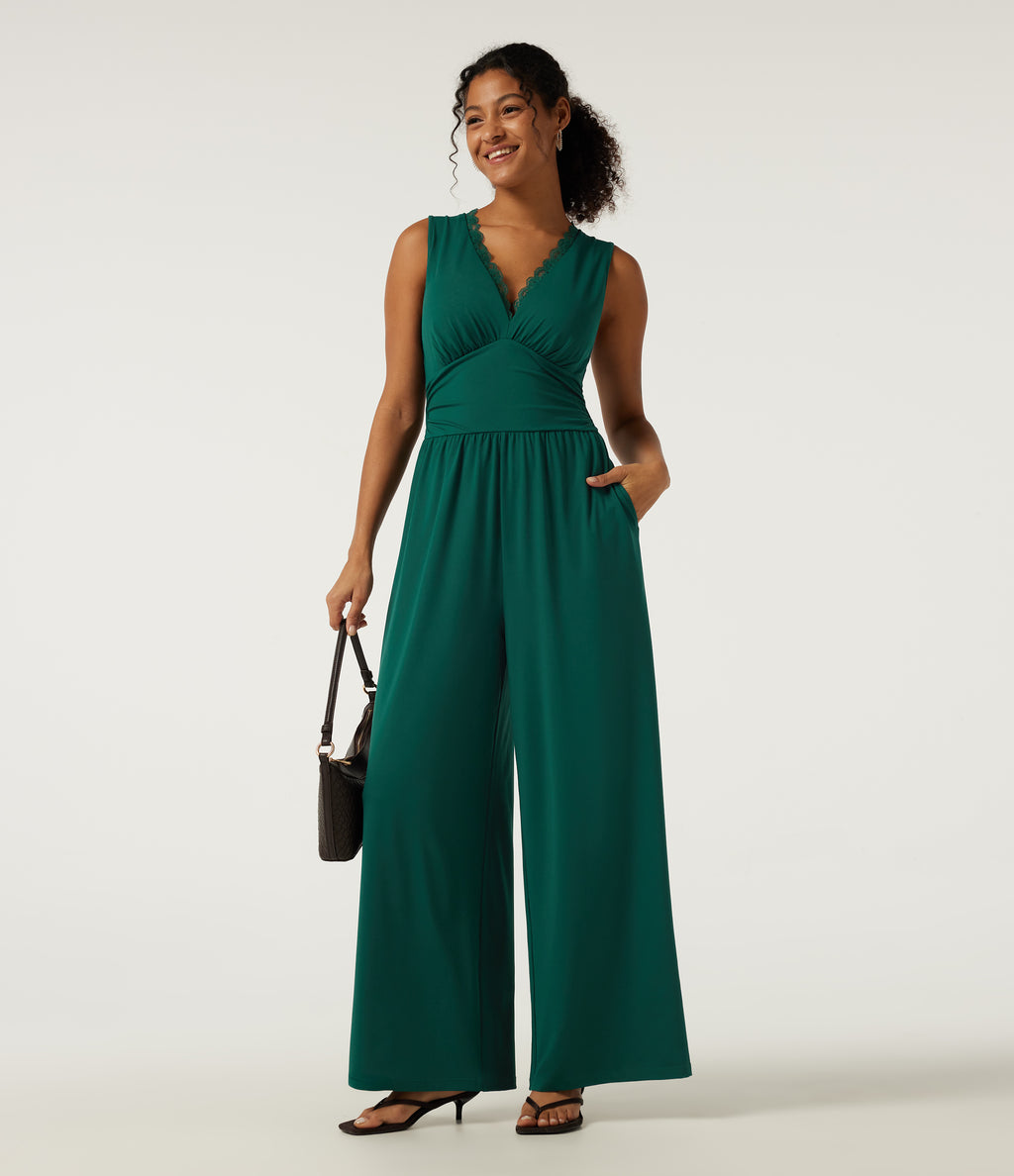 Deep V Neck Sleeveless Slim Contrast Lace Party Wide Leg Jumpsuits with Built-in Bra and Pockets - Edition — Rain Forest — view 8