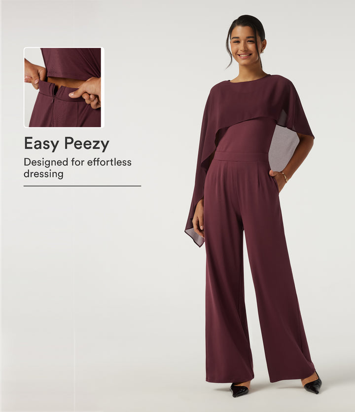 Round Neck Sleeveless Slim Wide Leg Asymmetric Party Jumpsuits with Pockets -Edition — New Maroon — view 1
