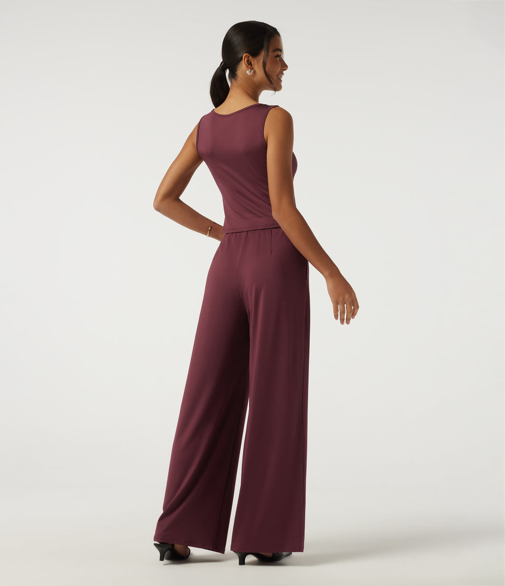 Round Neck Sleeveless Slim Wide Leg Asymmetric Party Jumpsuits with Pockets -Edition — New Maroon — view 5