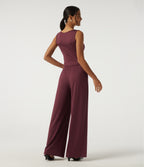 Round Neck Sleeveless Slim Wide Leg Asymmetric Party Jumpsuits with Pockets -Edition — New Maroon — view 5