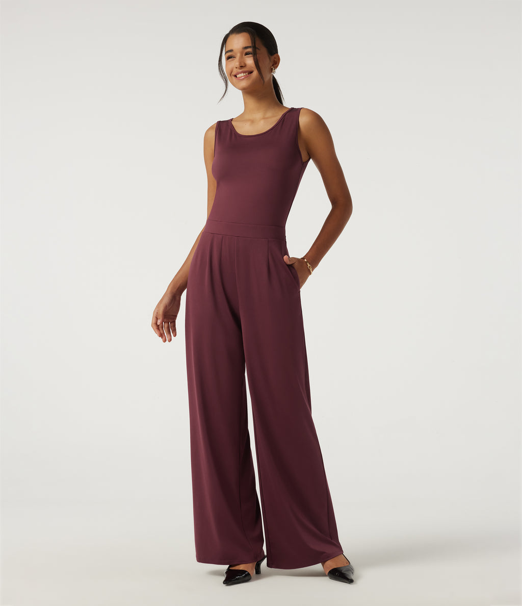 Round Neck Sleeveless Slim Wide Leg Asymmetric Party Jumpsuits with Pockets -Edition — New Maroon — view 4