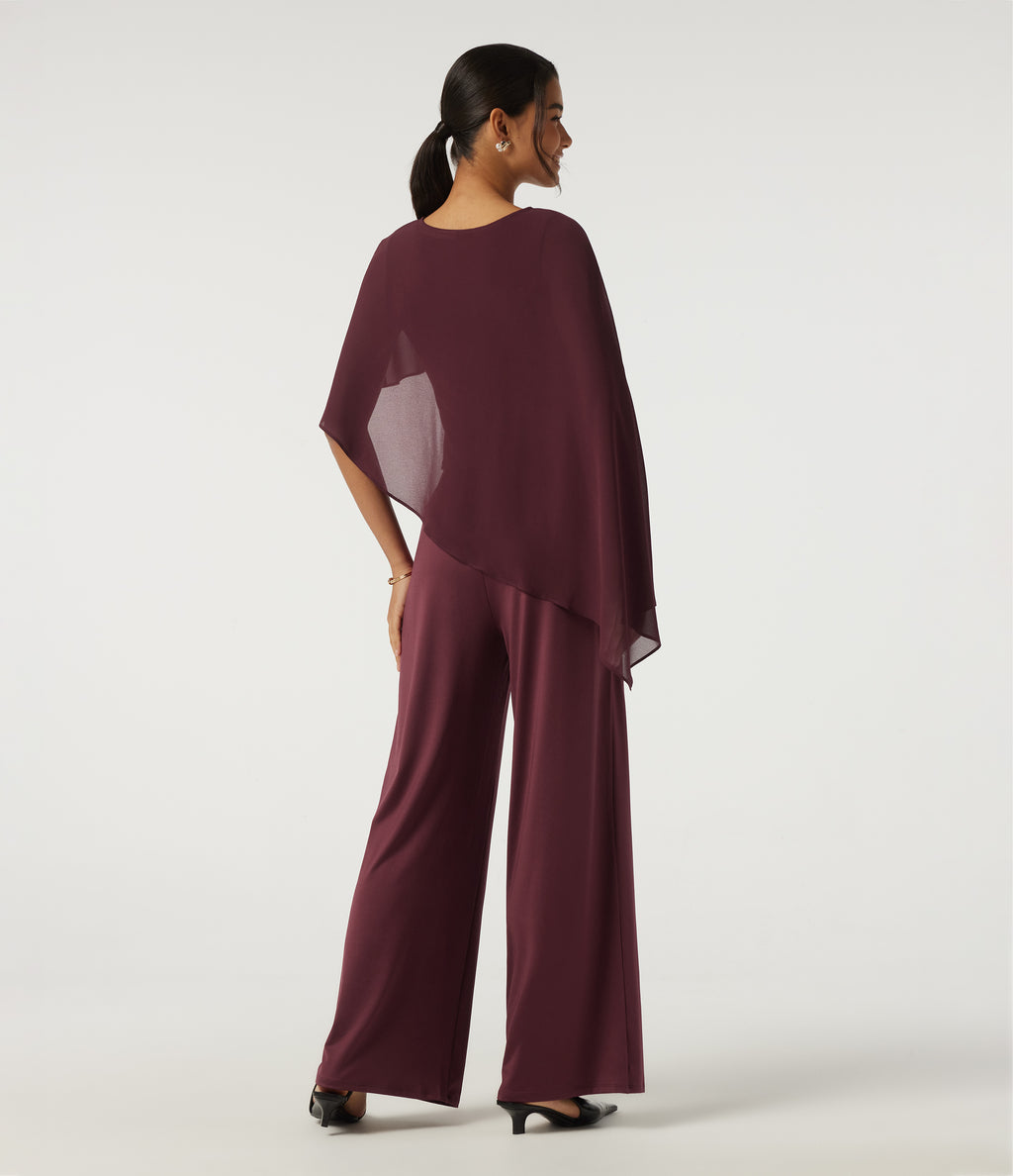 Round Neck Sleeveless Slim Wide Leg Asymmetric Party Jumpsuits with Pockets -Edition — New Maroon — view 2