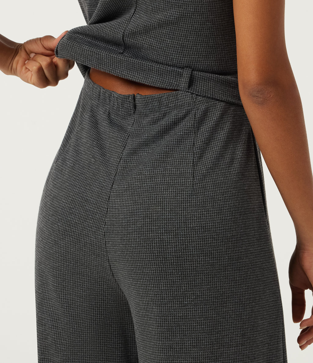 Boat Neck Sleeveless Wide Leg Houndstooth Slim Work Jumpsuits with Pockets -Edition — Shadow Knit — view 7