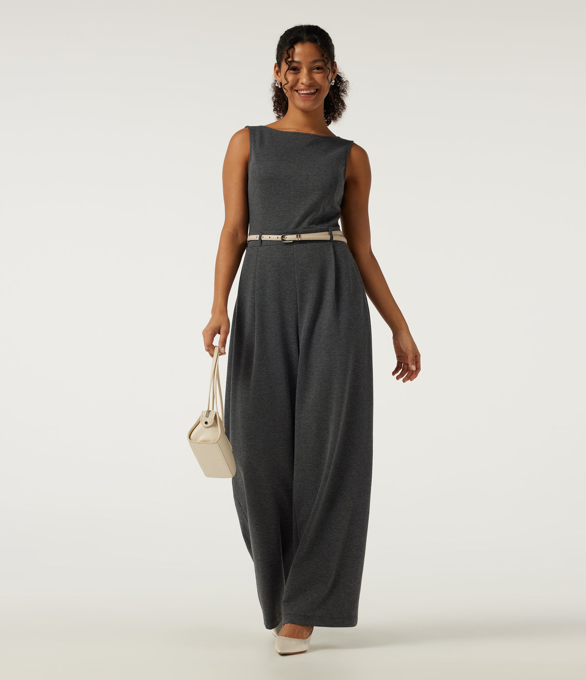 Boat Neck Sleeveless Wide Leg Houndstooth Slim Work Jumpsuits with Pockets -Edition — Shadow Knit — view 8
