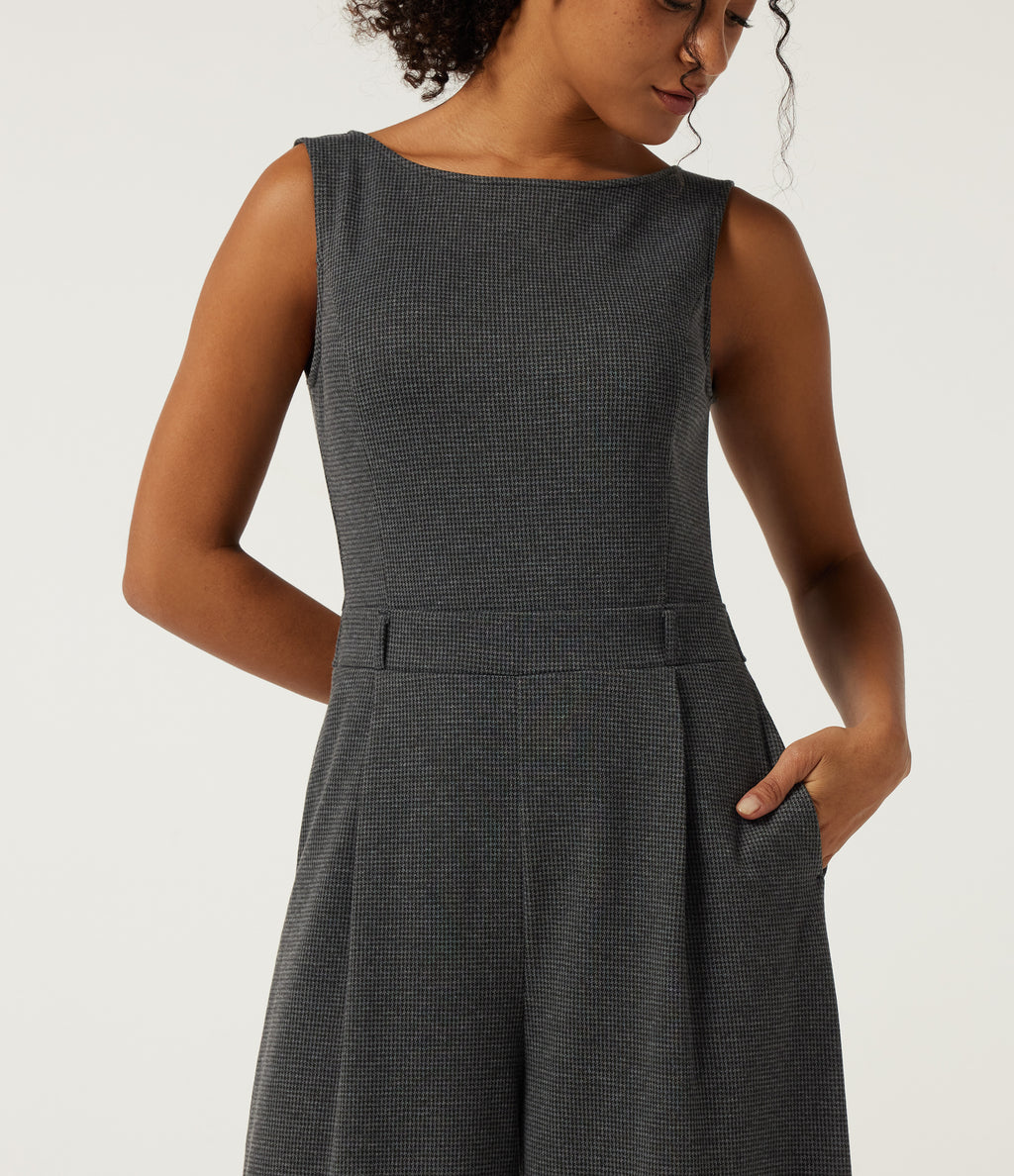 Boat Neck Sleeveless Wide Leg Houndstooth Slim Work Jumpsuits with Pockets -Edition — Shadow Knit — view 4