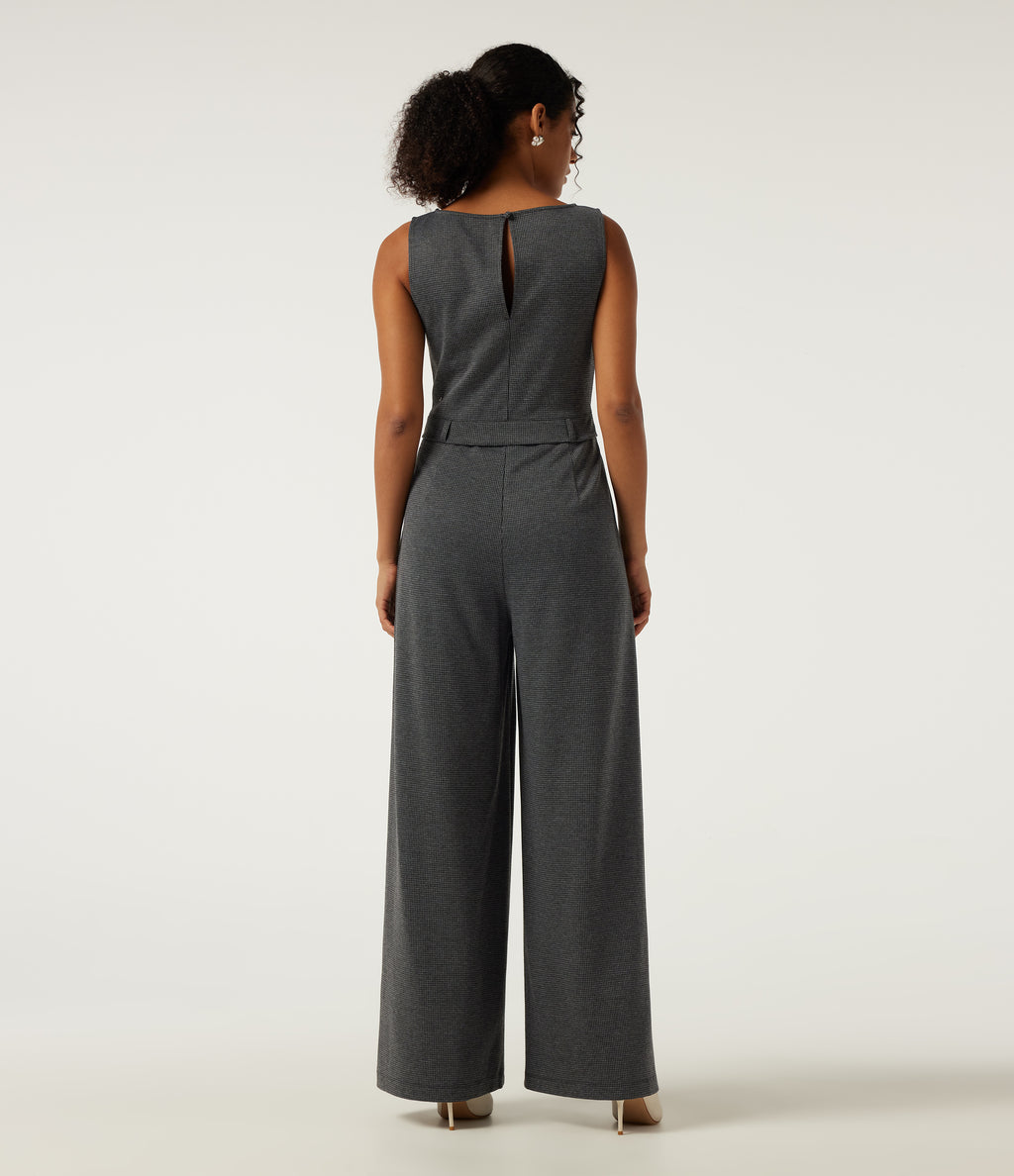 Boat Neck Sleeveless Wide Leg Houndstooth Slim Work Jumpsuits with Pockets -Edition — Shadow Knit — view 2