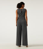 Boat Neck Sleeveless Wide Leg Houndstooth Slim Work Jumpsuits with Pockets -Edition — Shadow Knit — view 2