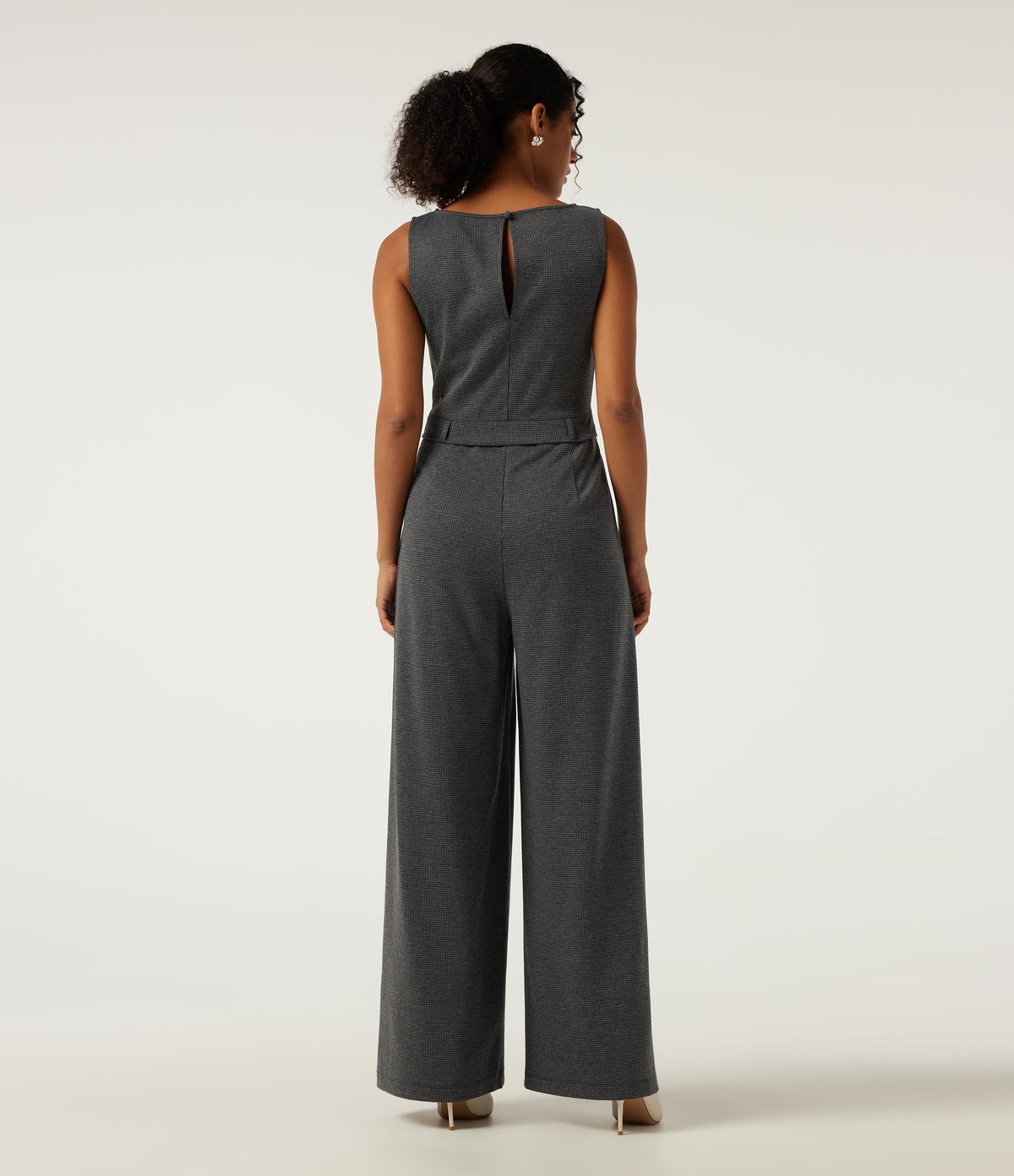 Boat Neck Sleeveless Wide Leg Houndstooth Slim Work Jumpsuits with Pockets -Edition — Shadow Knit — view 2