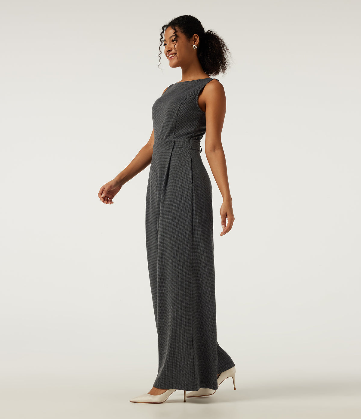 Boat Neck Sleeveless Wide Leg Houndstooth Slim Work Jumpsuits with Pockets -Edition — Shadow Knit — view 3