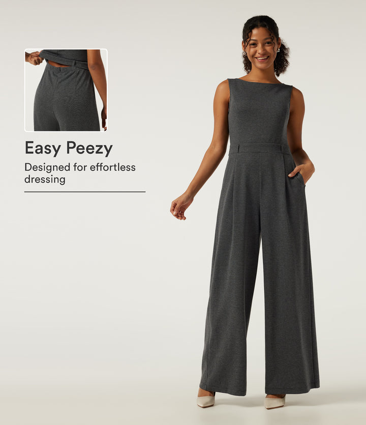 Boat Neck Sleeveless Wide Leg Houndstooth Slim Work Jumpsuits with Pockets -Edition — Shadow Knit — view 1