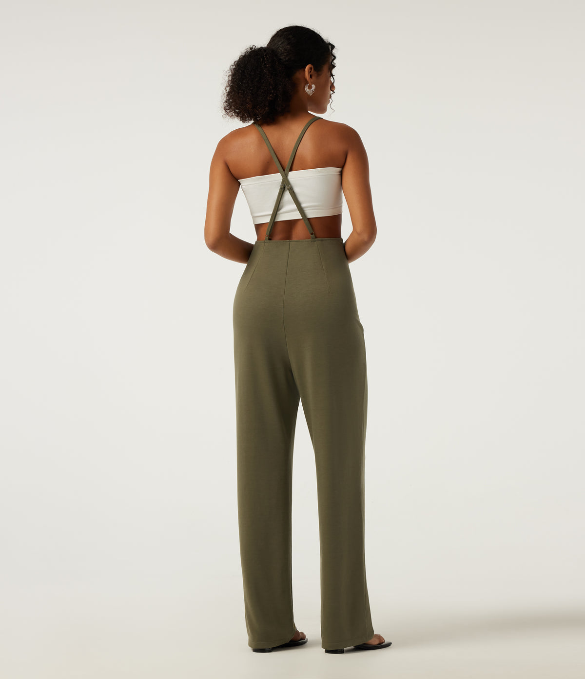 Square Neck Crisscross Straight Leg Casual Dungarees with Pockets — Winter Moss — view 2