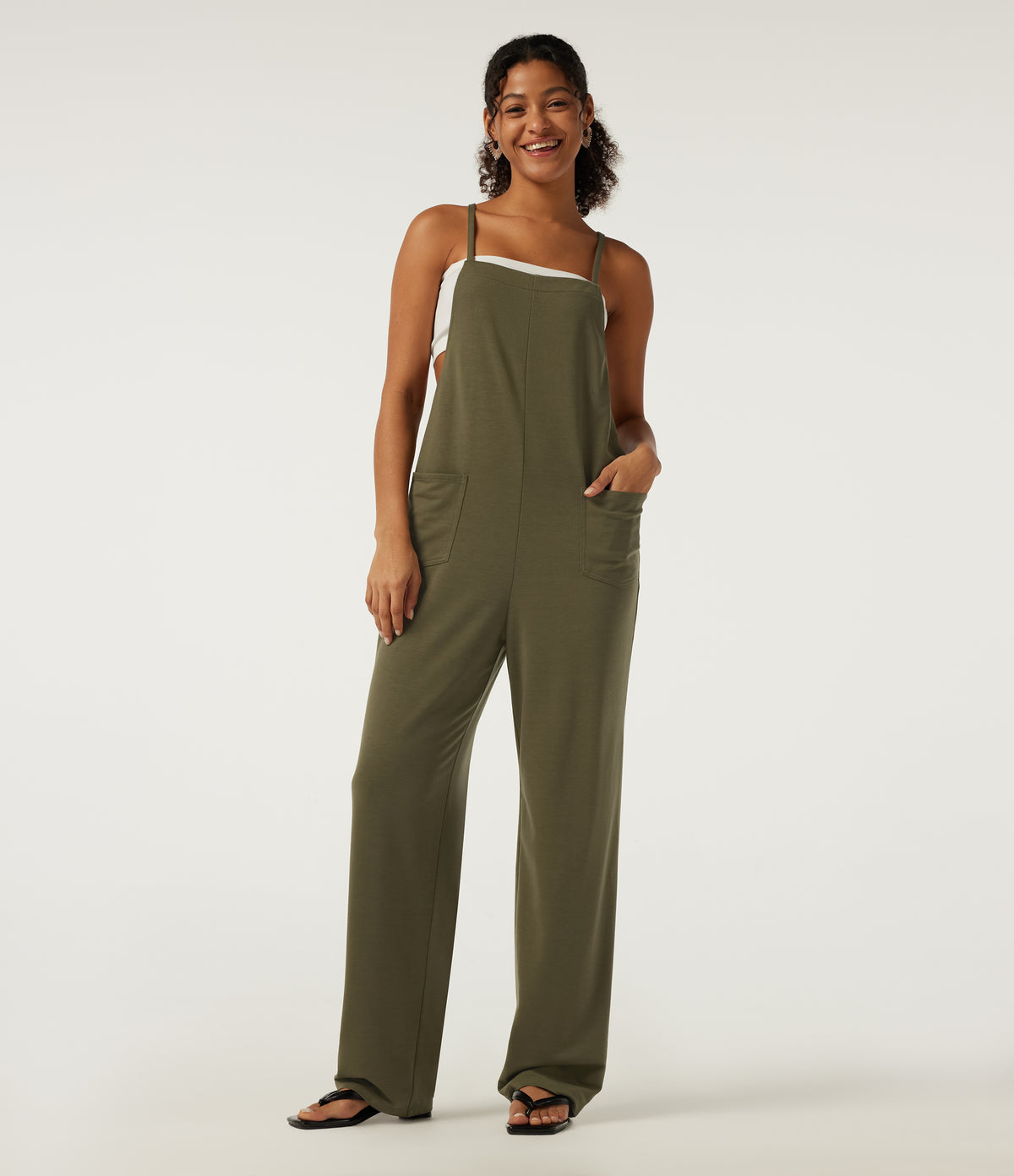 Square Neck Crisscross Straight Leg Casual Dungarees with Pockets — Winter Moss — view 1